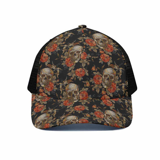 Vintage Floral Skull Pattern Print Black Mesh Trucker Cap