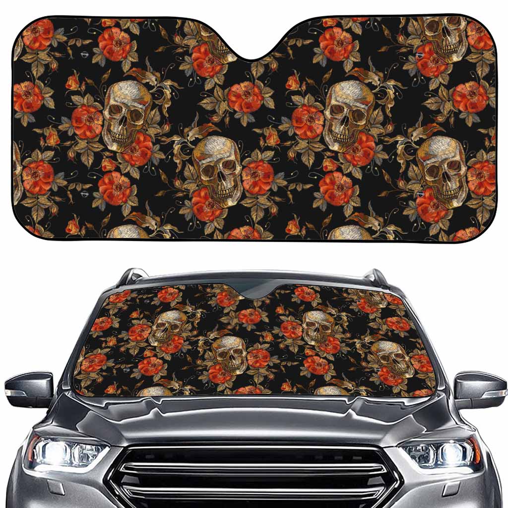 Vintage Floral Skull Pattern Print Car Windshield Sun Shade
