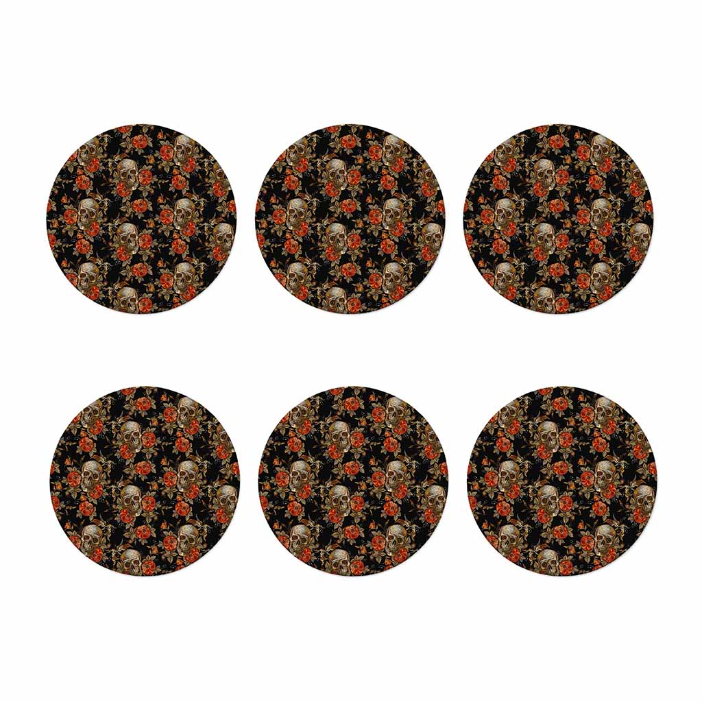 Vintage Floral Skull Pattern Print Coaster Set