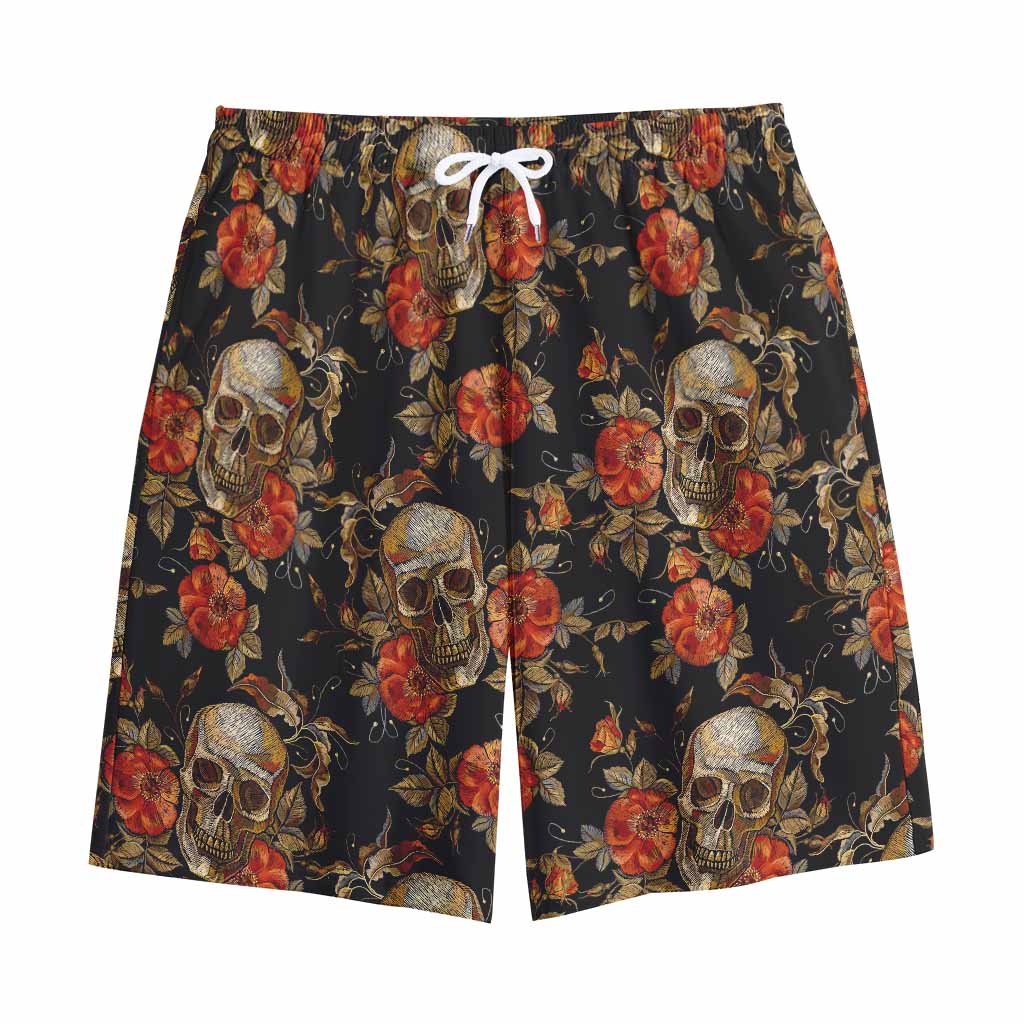 Vintage Floral Skull Pattern Print Cotton Shorts