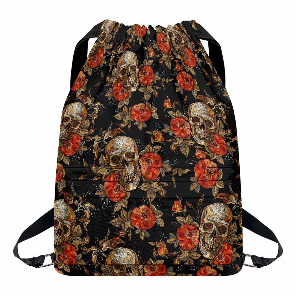 Vintage Floral Skull Pattern Print Drawstring Backpack