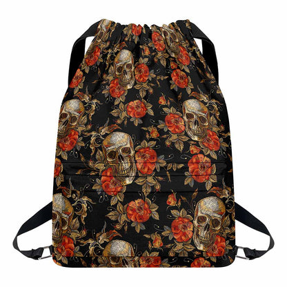 Vintage Floral Skull Pattern Print Drawstring Backpack