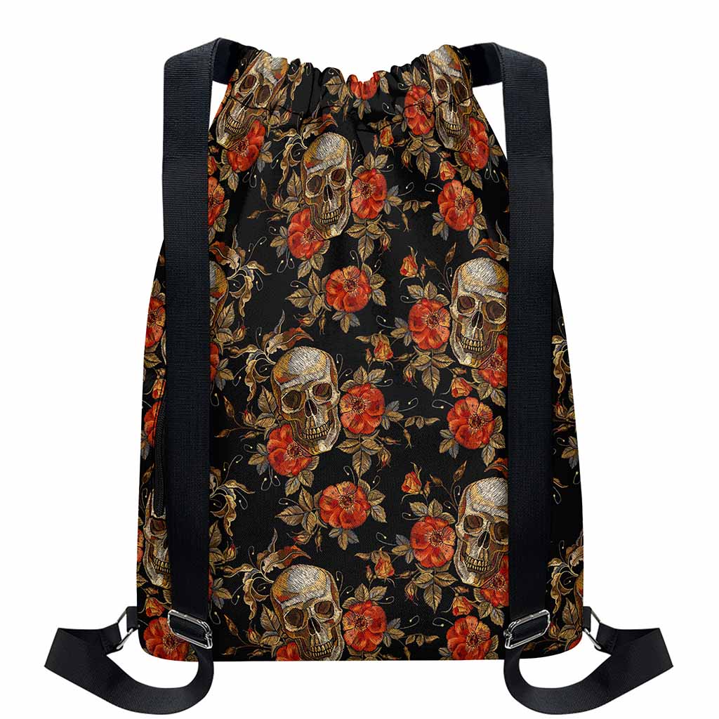 Vintage Floral Skull Pattern Print Drawstring Backpack