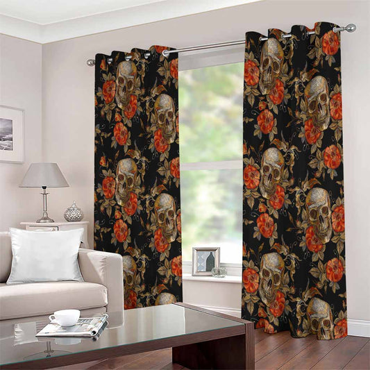 Vintage Floral Skull Pattern Print Extra Wide Grommet Curtains