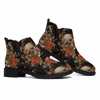Vintage Floral Skull Pattern Print Flat Ankle Boots