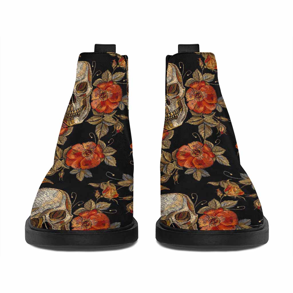 Vintage Floral Skull Pattern Print Flat Ankle Boots