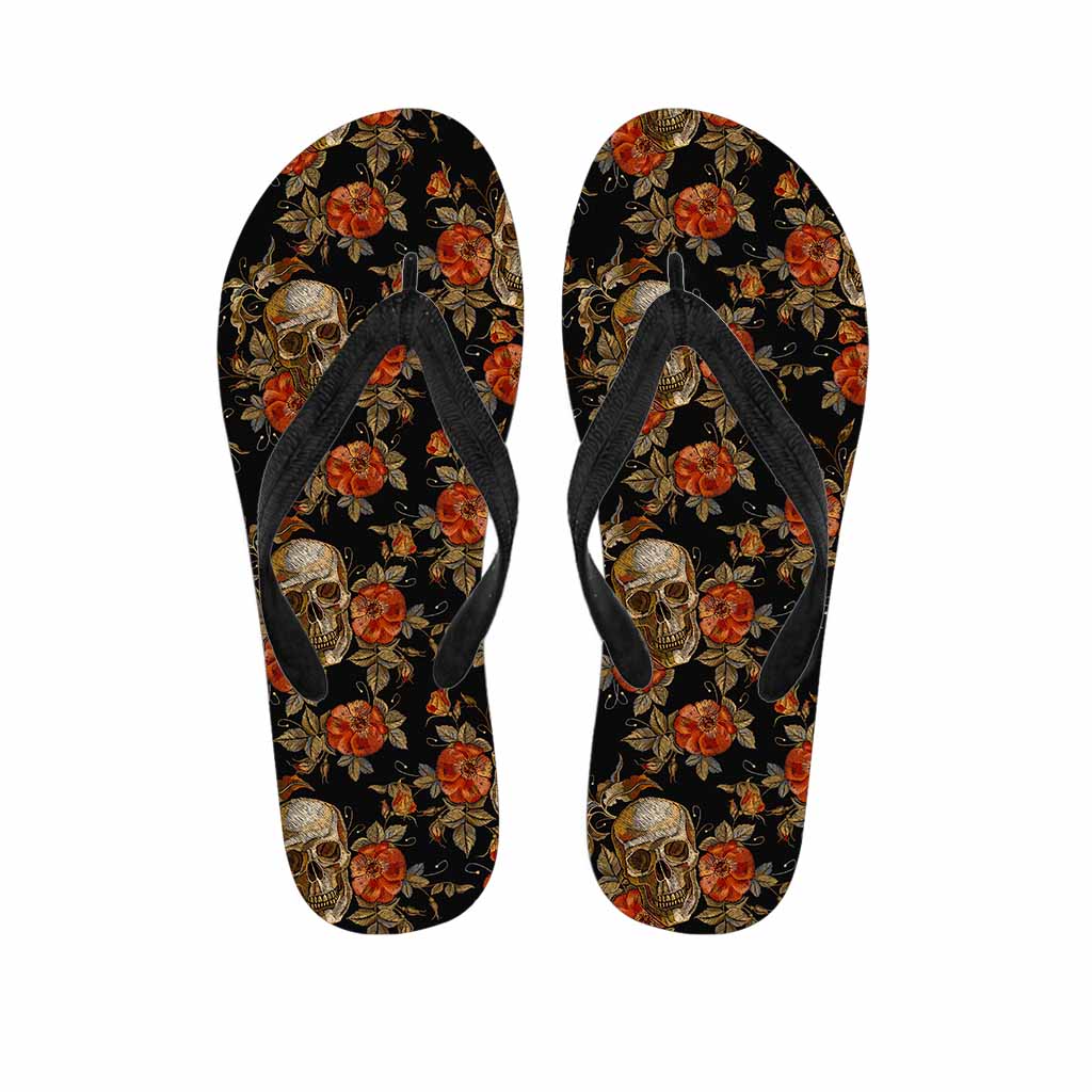 Vintage Floral Skull Pattern Print Flip Flops