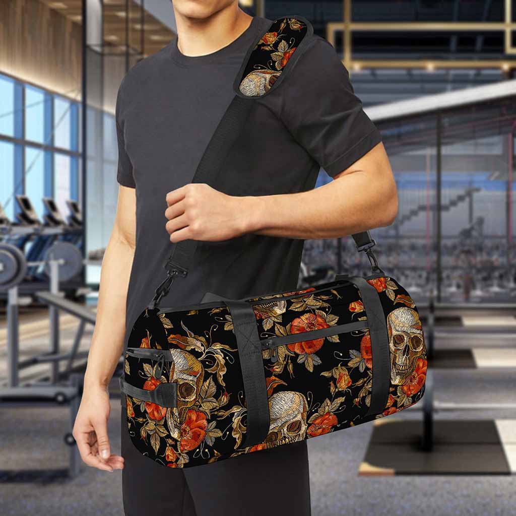 Vintage Floral Skull Pattern Print Gym Bag
