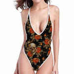 Vintage Floral Skull Pattern Print High Cut One Piece Swimsuit