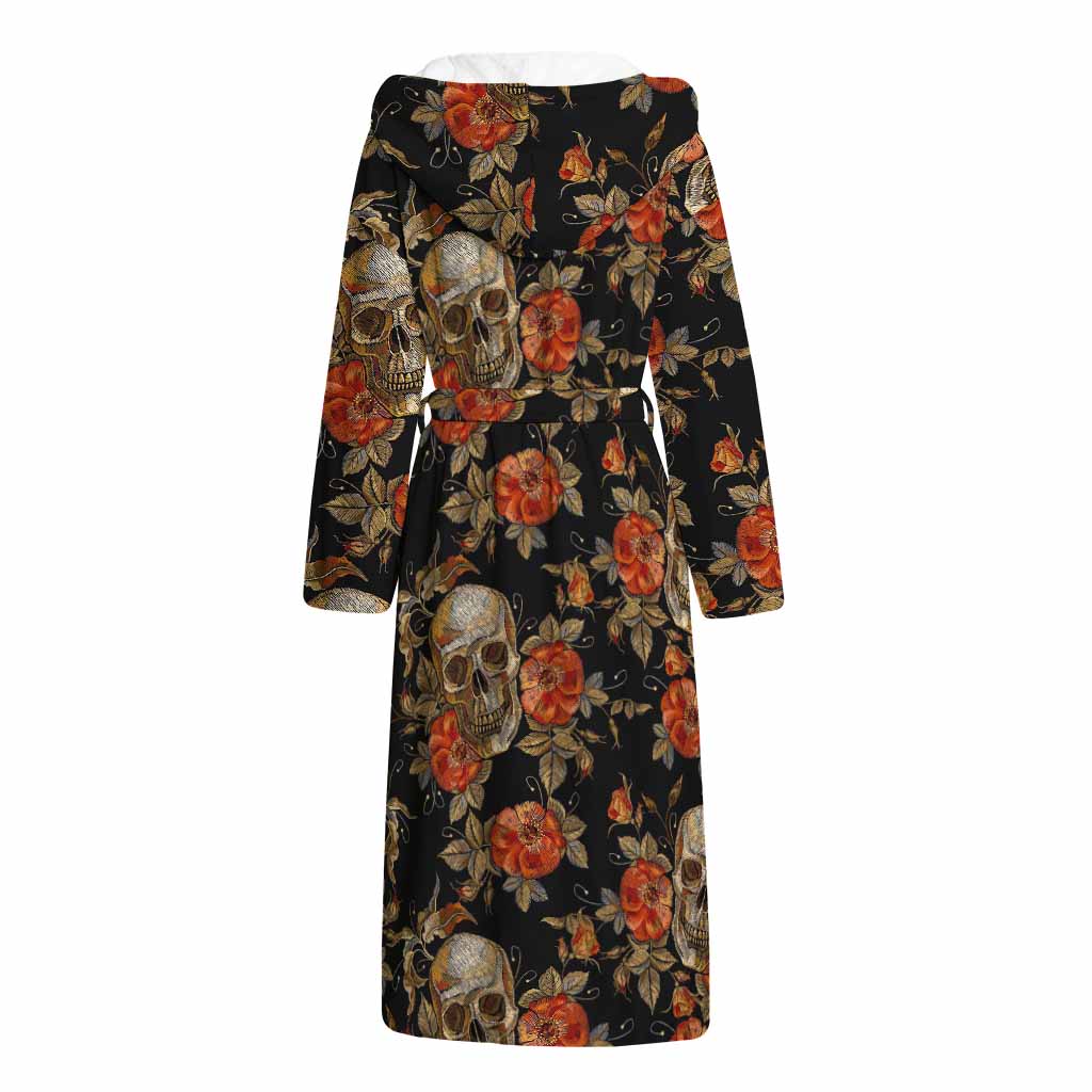 Vintage Floral Skull Pattern Print Hooded Bathrobe