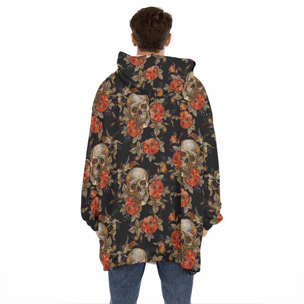 Vintage Floral Skull Pattern Print Hoodie Blanket