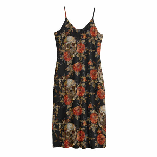 Vintage Floral Skull Pattern Print Jersey Midi Cami Dress
