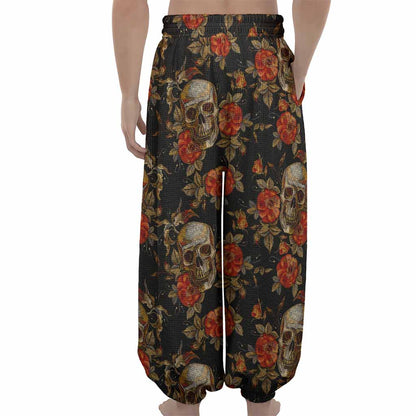 Vintage Floral Skull Pattern Print Lantern Pants