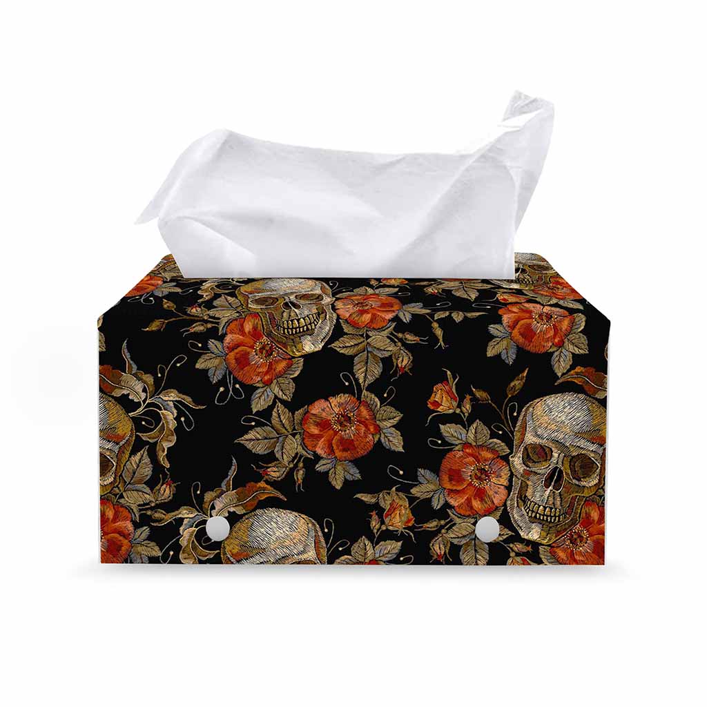 Vintage Floral Skull Pattern Print Leather Tissue Box Cover