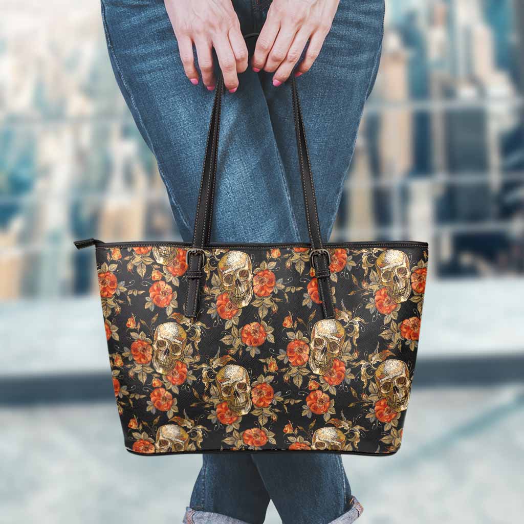Vintage Floral Skull Pattern Print Leather Tote Bag