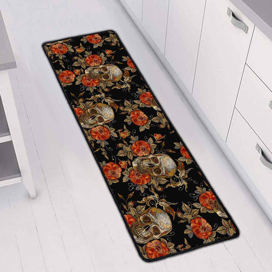 Vintage Floral Skull Pattern Print Long Kitchen Mat