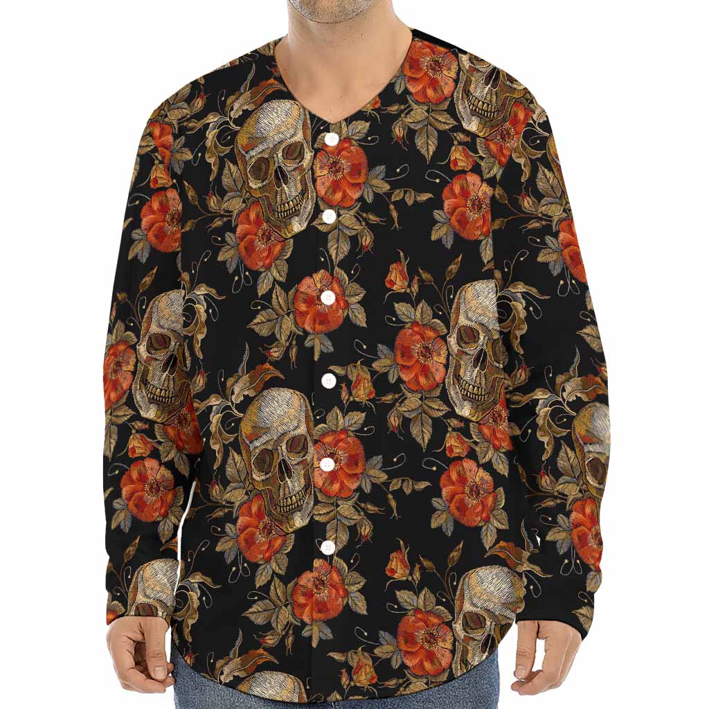 Vintage Floral Skull Pattern Print Long Sleeve Baseball Jersey