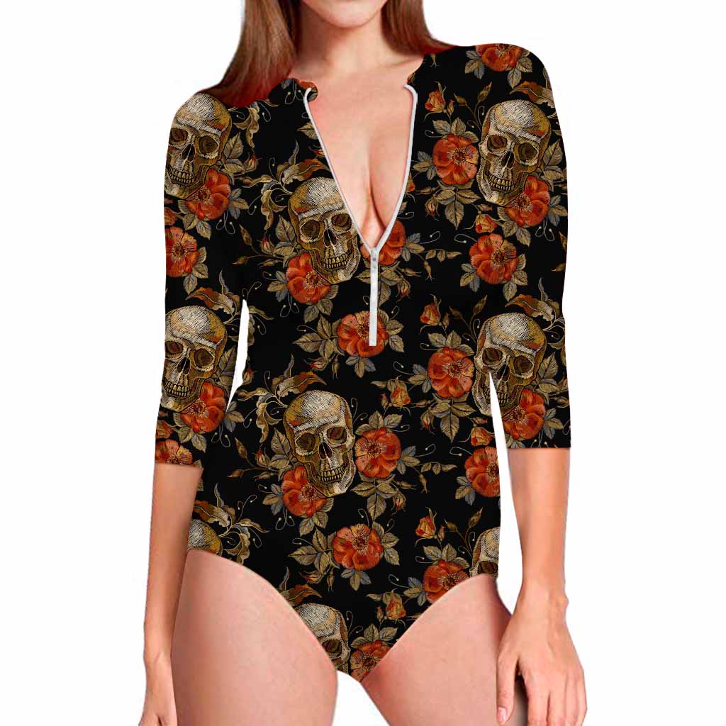 Vintage Floral Skull Pattern Print Long Sleeve Swimsuit