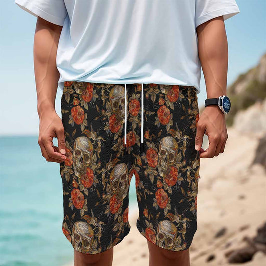 Vintage Floral Skull Pattern Print Men's Cargo Shorts