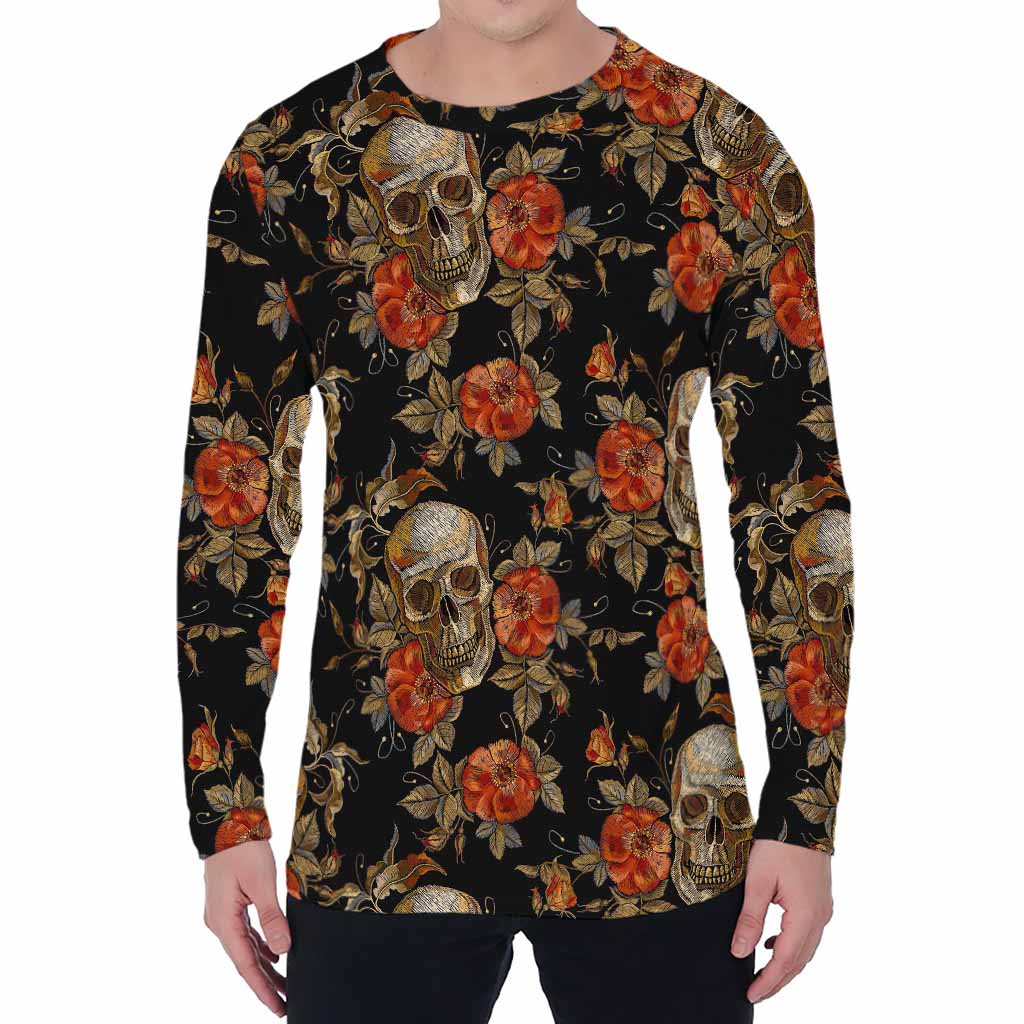 Vintage Floral Skull Pattern Print Men's Long Sleeve T-Shirt