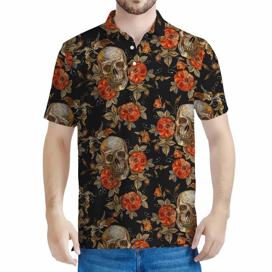 Vintage Floral Skull Pattern Print Men's Polo Shirt