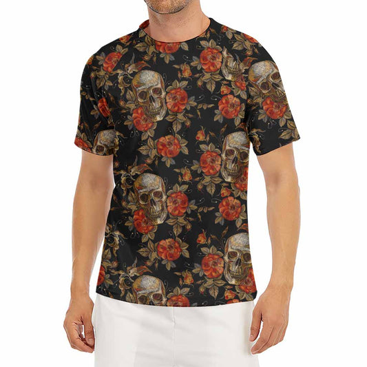 Vintage Floral Skull Pattern Print Men's Short Sleeve Rash Guard