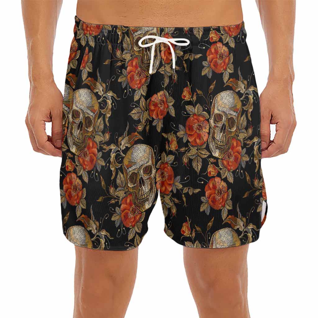 Vintage Floral Skull Pattern Print Men's Split Running Shorts