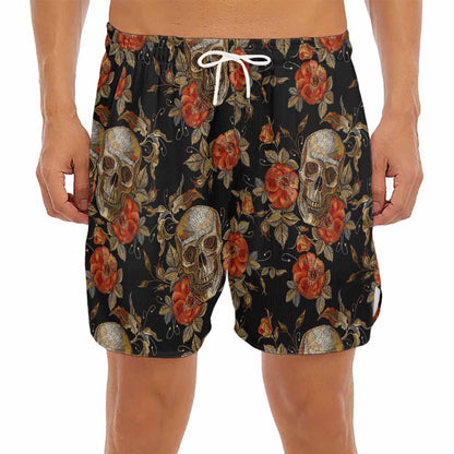 Vintage Floral Skull Pattern Print Men's Split Running Shorts