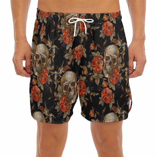 Vintage Floral Skull Pattern Print Men's Split Running Shorts
