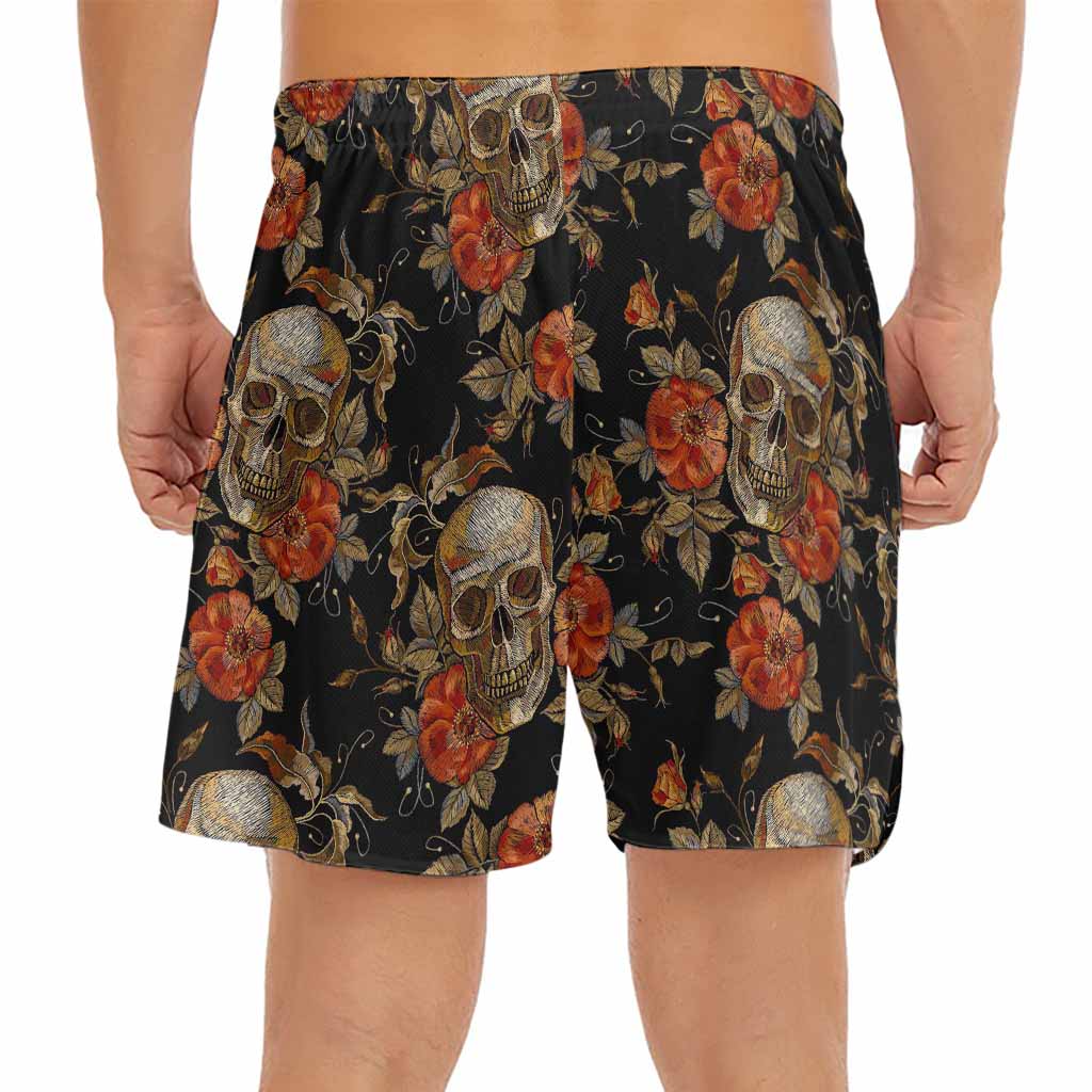 Vintage Floral Skull Pattern Print Men's Split Running Shorts