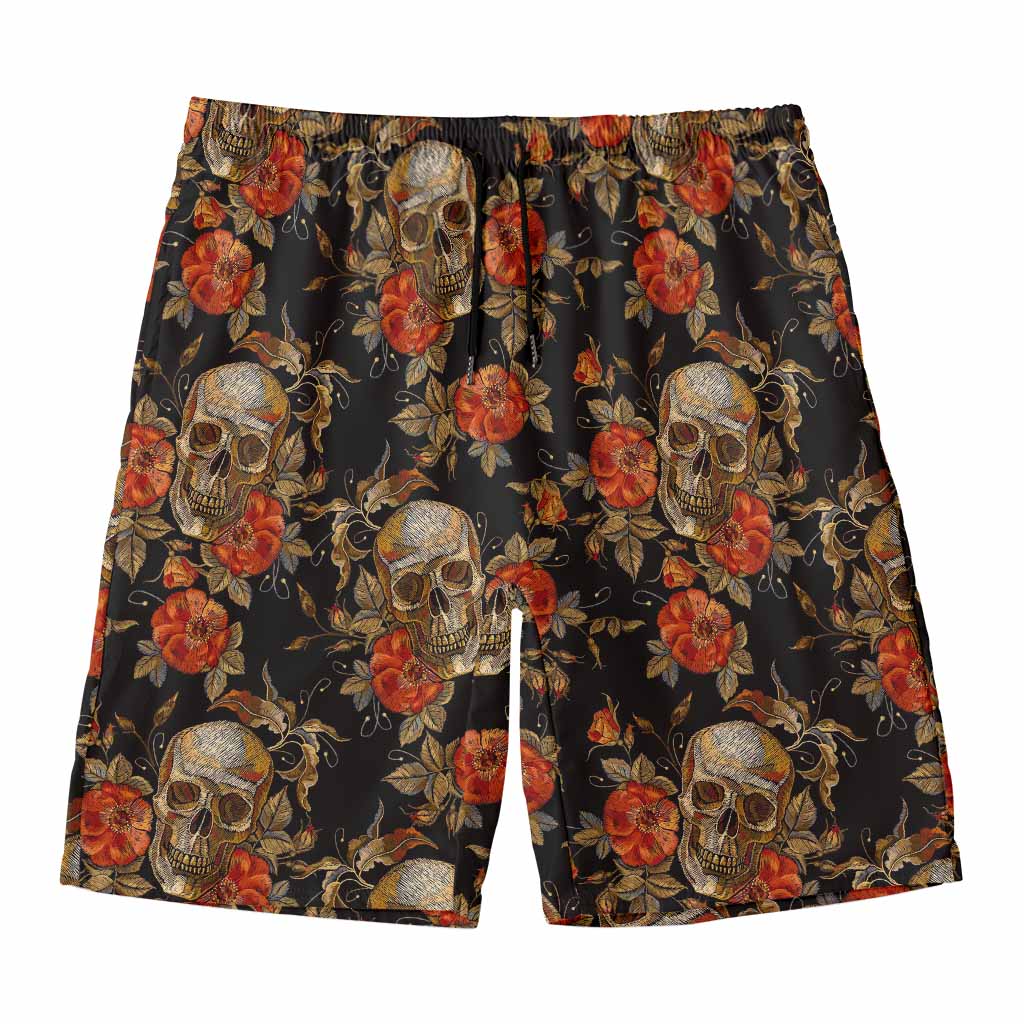 Vintage Floral Skull Pattern Print Men's Swim Trunks