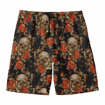 Vintage Floral Skull Pattern Print Men's Swim Trunks