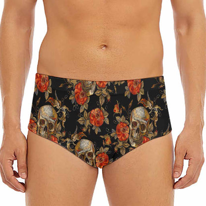 Vintage Floral Skull Pattern Print Men's Triangle Swim Briefs