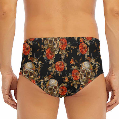Vintage Floral Skull Pattern Print Men's Triangle Swim Briefs