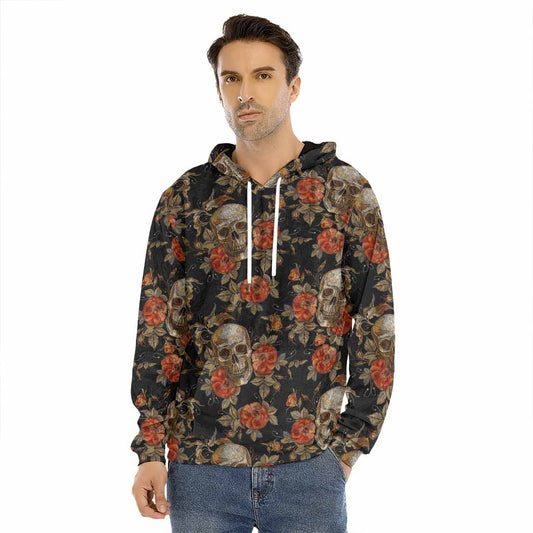 Vintage Floral Skull Pattern Print Men's Velvet Pullover Hoodie