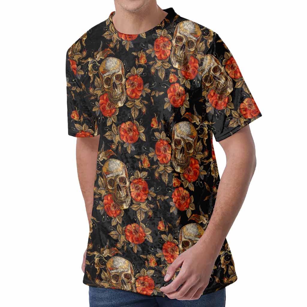 Vintage Floral Skull Pattern Print Men's Velvet T-Shirt