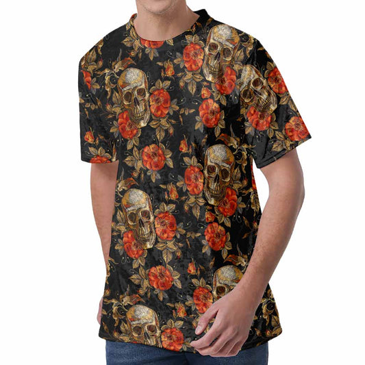 Vintage Floral Skull Pattern Print Men's Velvet T-Shirt