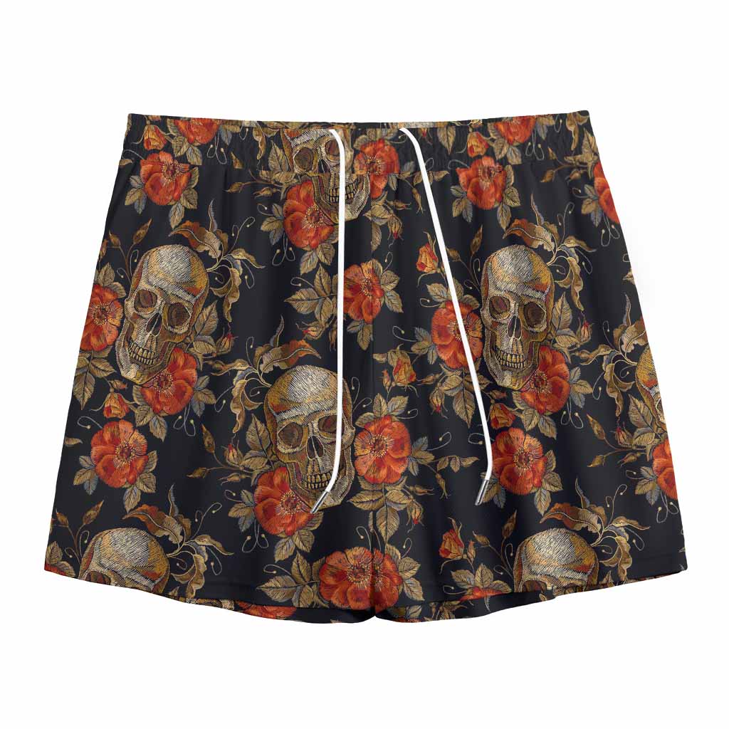 Vintage Floral Skull Pattern Print Mesh Shorts
