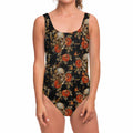 Vintage Floral Skull Pattern Print One Piece Swimsuit