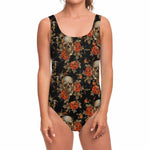 Vintage Floral Skull Pattern Print One Piece Swimsuit