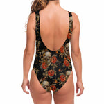 Vintage Floral Skull Pattern Print One Piece Swimsuit