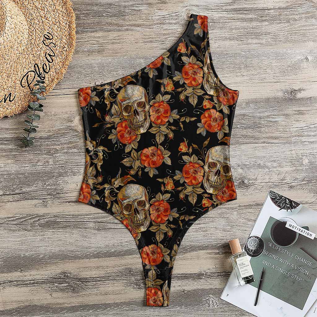 Vintage Floral Skull Pattern Print One Shoulder Bodysuit