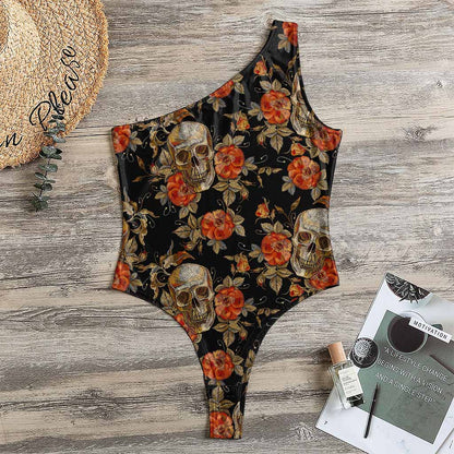 Vintage Floral Skull Pattern Print One Shoulder Bodysuit