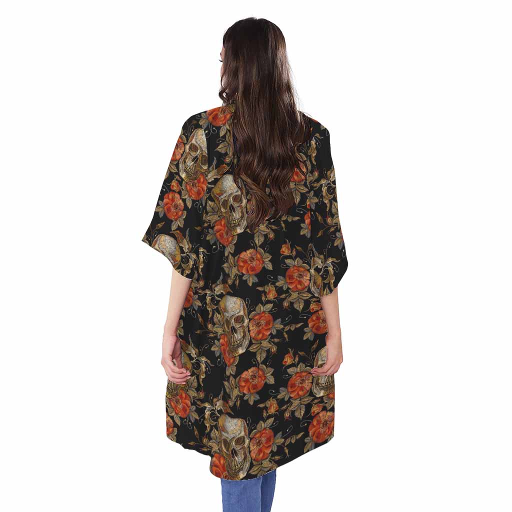 Vintage Floral Skull Pattern Print Open Front Beach Cover Up