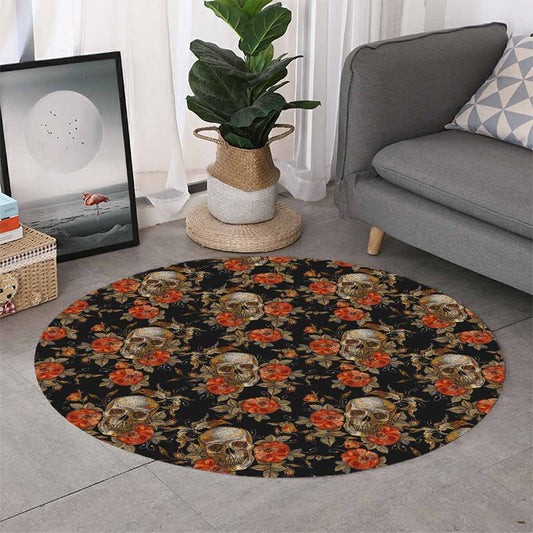 Vintage Floral Skull Pattern Print Round Rug