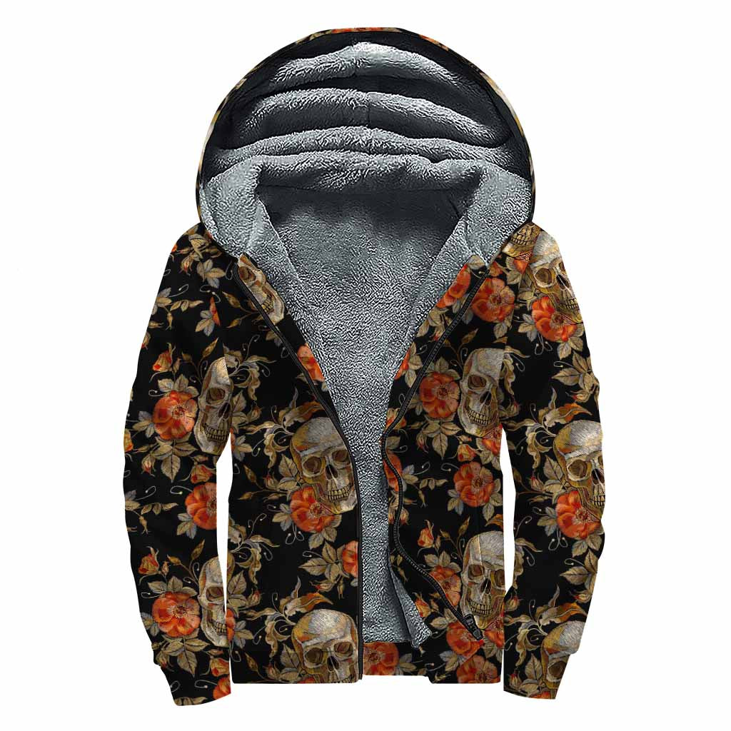 Vintage Floral Skull Pattern Print Sherpa Lined Zip Up Hoodie