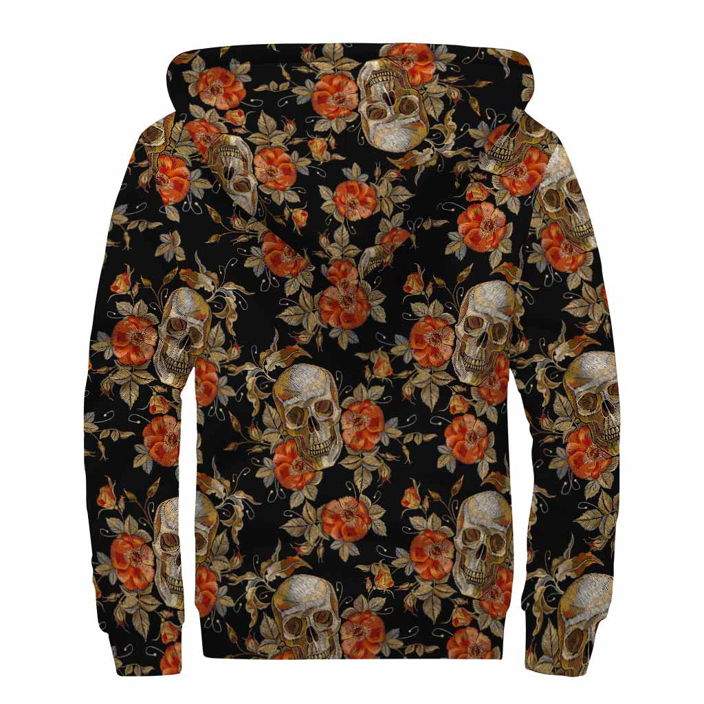 Vintage Floral Skull Pattern Print Sherpa Lined Zip Up Hoodie