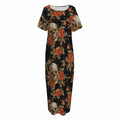 Vintage Floral Skull Pattern Print Short Sleeve Long Nightdress