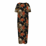 Vintage Floral Skull Pattern Print Short Sleeve Long Nightdress