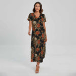Vintage Floral Skull Pattern Print Short Sleeve Maxi Dress
